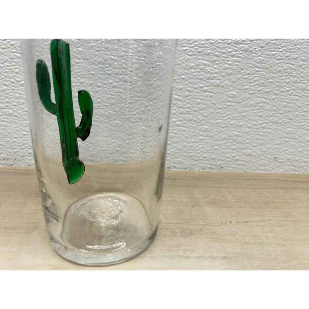 Vintage Set Of 4 Hand Blown Cactus Applique Clear Drinking Glasses Purple Rim